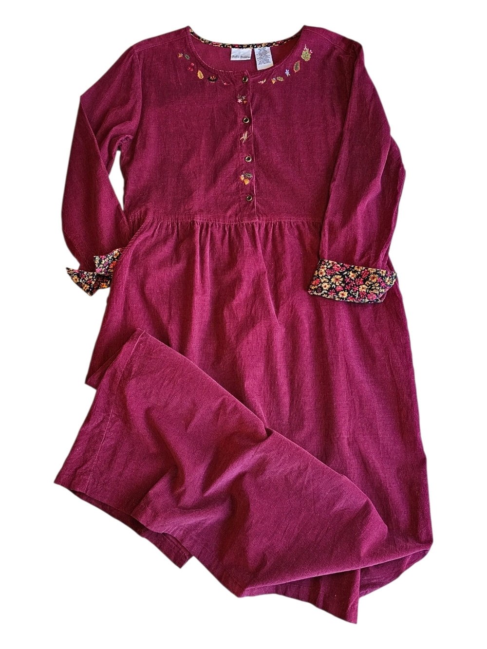 Vintage 90s Bobby Brooks Corduroy Dress M 8/10 Maroon Embroidered Cottagecore